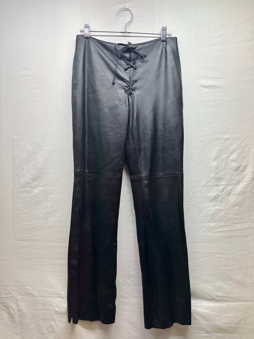 Black Genuine Leather  Lace-Up Bootcut Pants
